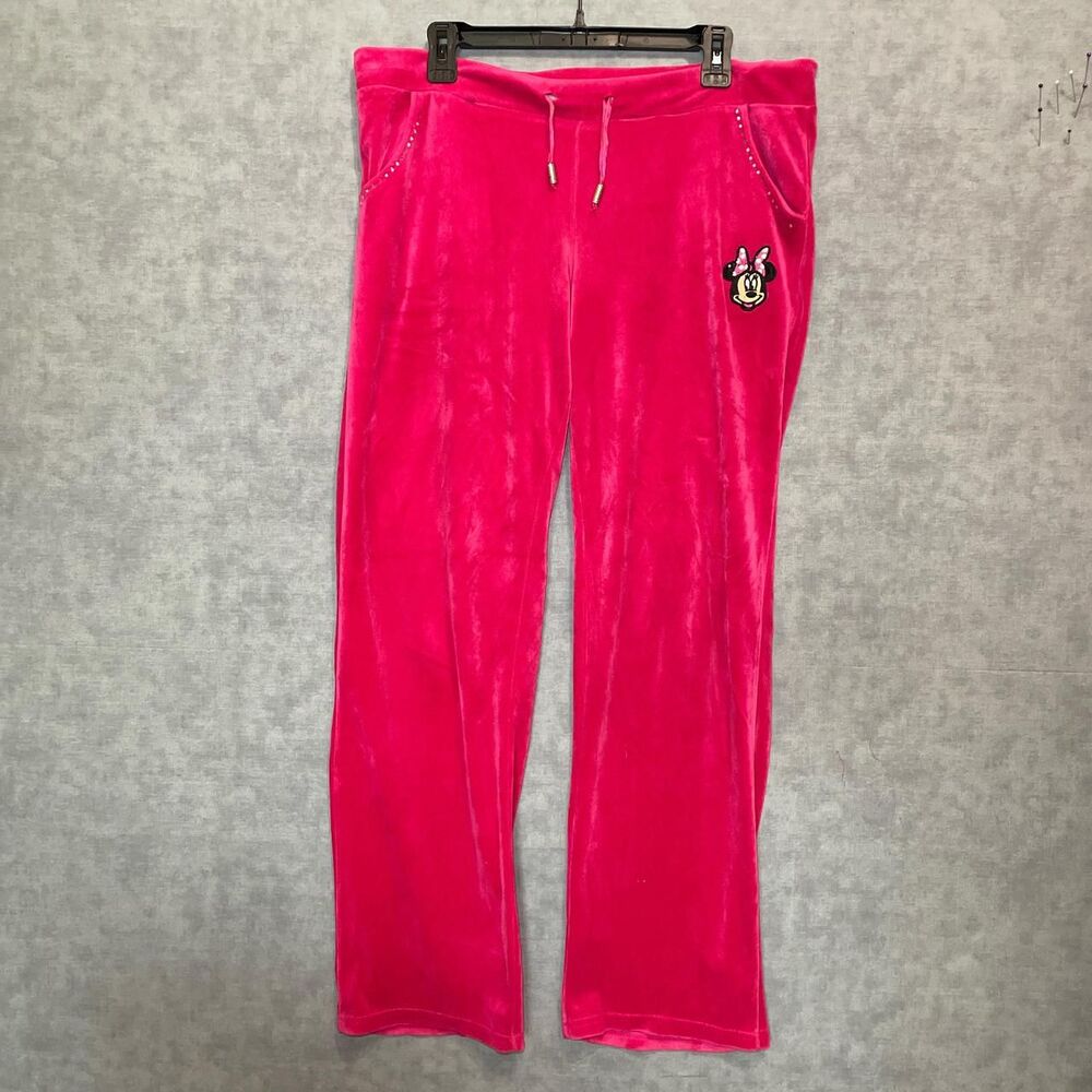 Pink Minnie Mouse velour lounge pants.